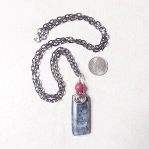Black, Silver + Grey Norwegian Larvikite Bar Pendant + Gunmetal Black Chain